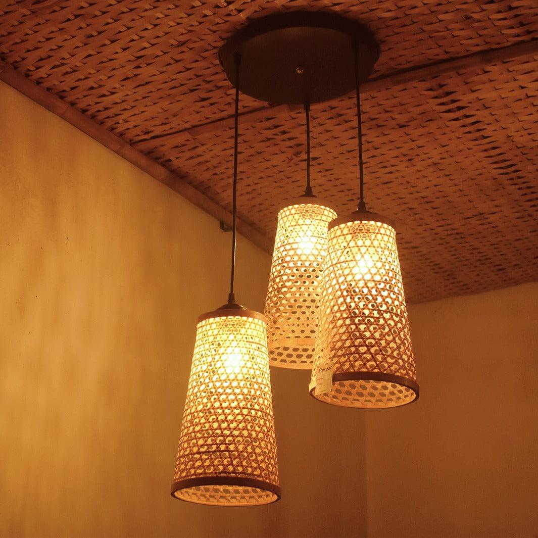Conical Bamboo Chandelier Light - Honeycomb Design, cluster Set of Three