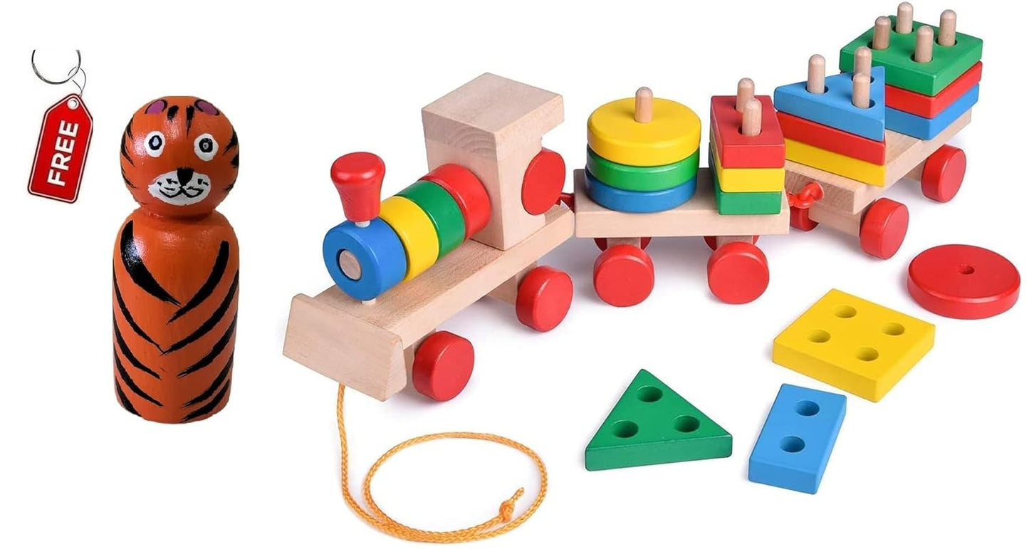 Wooden Train Toddler Toys, Shape Sorter and Stacking Wooden Toys, Puzzle Toys for 1 2 3 Year Old Boys Girls, Preschool Educational Toys for Kids