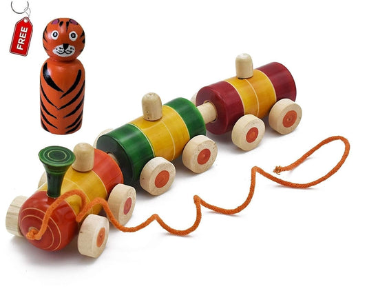 Wooden Train for 12 Months & Above Kids, Toddlers, Infant & Preschool Toys - Multicolor - with Attached String- Encourage Walking, Free Tiger peg Doll