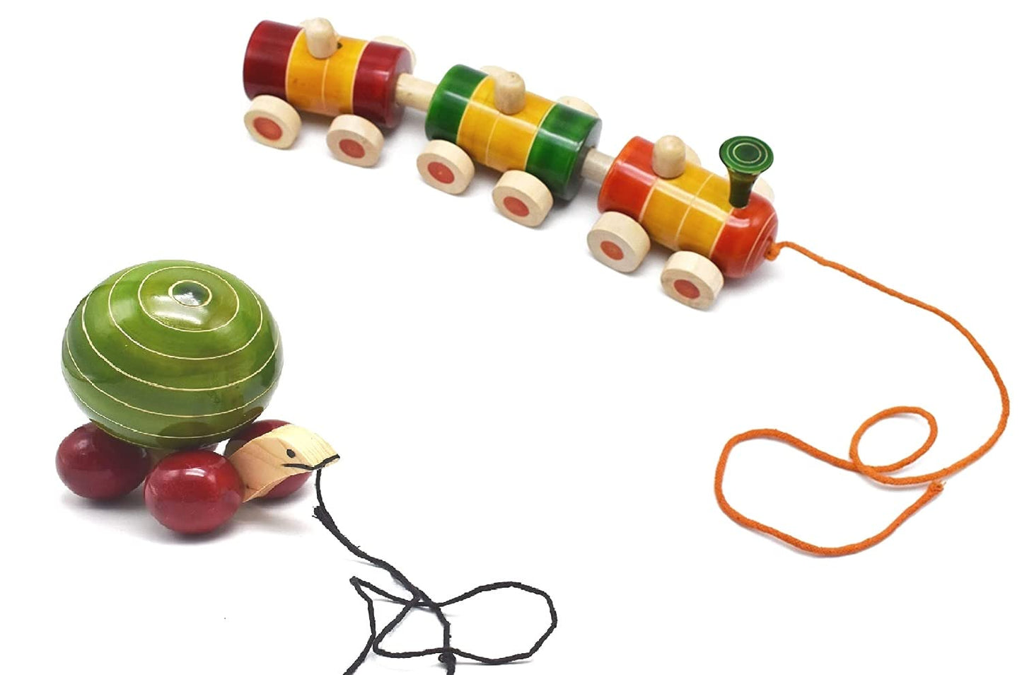 Pull Along Toys Wooden Train & Turtle for 1 Year + Kids, Toddlers, Infant & Preschool Toys - Set of 2 pcs- Multicolor - with Attached String- Encourage Walking