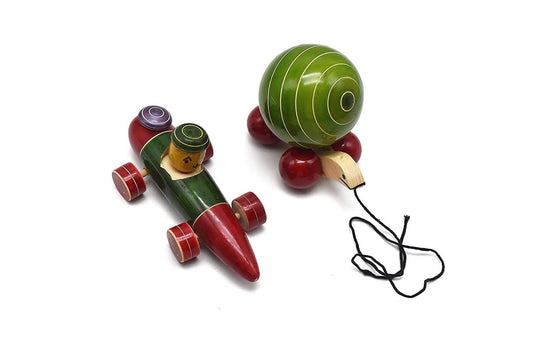 Pull Along Toys Wooden Snail & Racing Car Toys for 1 Year + Kids, Toddlers, Infant & Preschool Toys - Set of 2 pcs- Multicolor - with Attached String