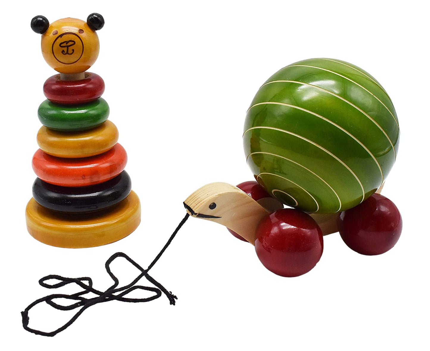 Channapatna Toys Wooden Pull Along Snail & Stacking Toy with 5 Rings for Kids (1 Years+) - Set of 2 Pieces - Develops Curiosity & Fine Motor Skills