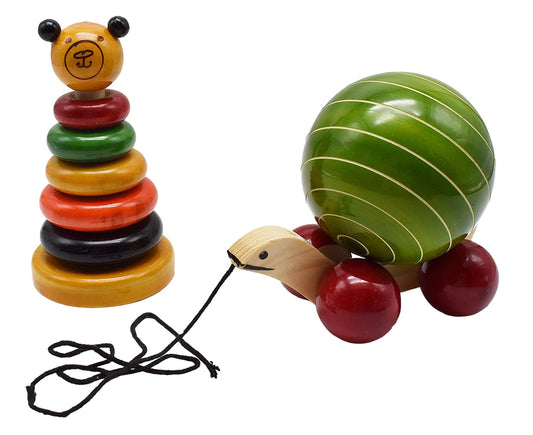 Channapatna Toys Wooden Pull Along Snail & Stacking Toy with 5 Rings for Kids (1 Years+) - Set of 2 Pieces - Develops Curiosity & Fine Motor Skills