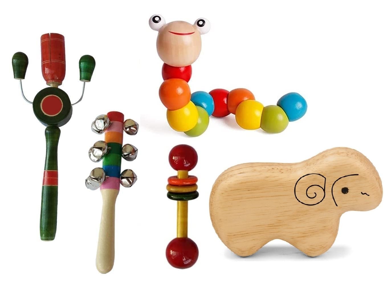 Set of 5 Wooden Rattles & Shakers | Non-Toxic | Multi-Color | Discover Sounds & Develop Sensory Skills | Perfect for Newborns, Infants & Kids