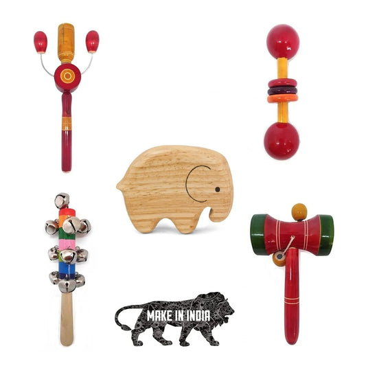 Channapatna Toys Wooden Rattles Toys for Baby/New-Born Infant Kids - Set of 5 pcs - Multicolor - Discover Sounds, Develops Sensory Skills