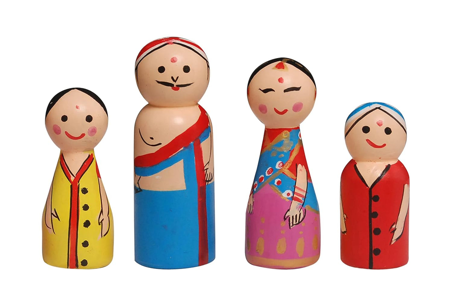 Wooden Peg Dolls Poojari Family Non Toxic Colors ( 2 Years+) - Set of 4 Wooden Dolls | Pretend Play, Open Ended Toys, Waldorf Inspired