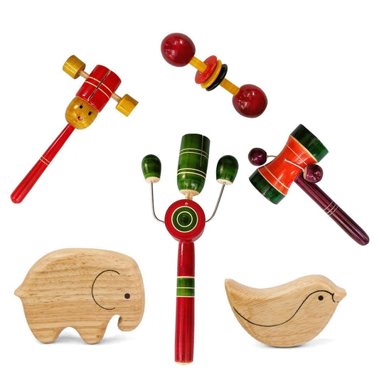 Channapatna Toys Wooden Rattles & Elephant Bird Shakers for Baby, Infants, New Born Babies Toys (0+ Years) - Set of 6 pcs - Multicolor - Discover Sounds, Develops Sensory Skills